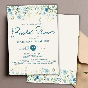 Invitación Ducha de Novia Flores Silvestres Azul Teal Beige