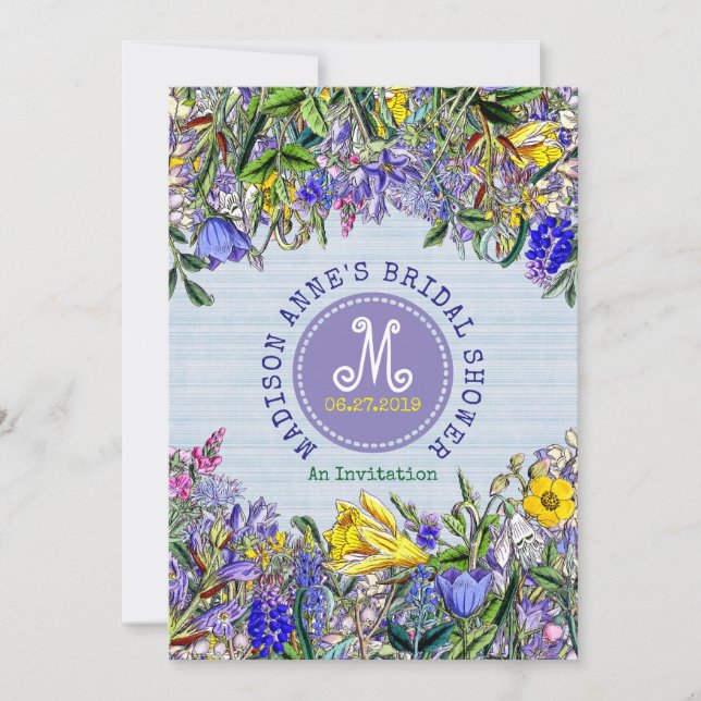 Invitación Ducha de novia Flores silvestres Monograma Floral  (Anverso)