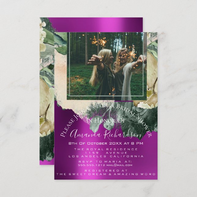 Invitación Ducha de novia foto de cumpleaños floral rosa Grad (Anverso / Reverso)