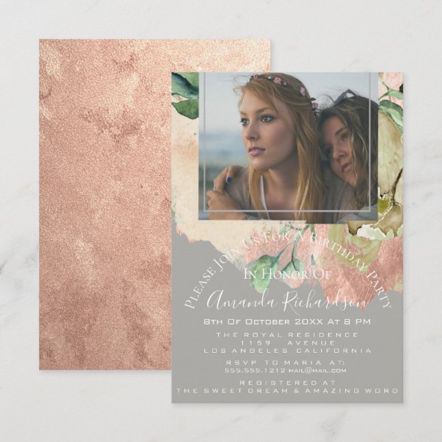Invitación Ducha de novia foto Floral Cumpleaños Gray Peach (Anverso / Reverso)