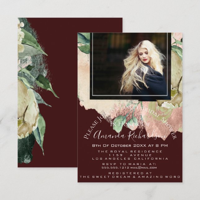 Invitación Ducha de novia foto graduación floral Borgoña (Anverso / Reverso)