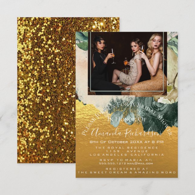 Invitación Ducha de novia Foto Maroon Floral Cumpleaños Gold (Anverso / Reverso)