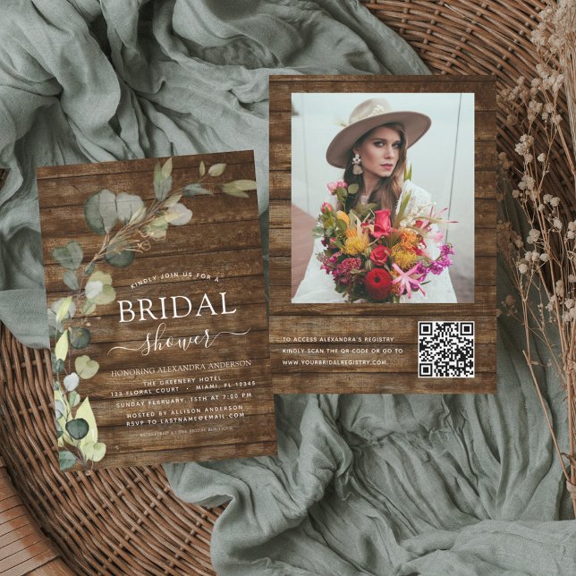 Invitación Ducha de novia Foto QR Código Eucalyptus Madera Ru (Subido por el creador)
