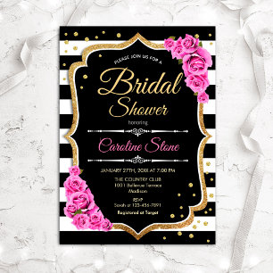 Invitación Ducha de novia - franjas blancas negras y rosas ro