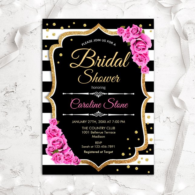 Invitación Ducha de novia - franjas blancas negras y rosas ro (Subido por el creador)