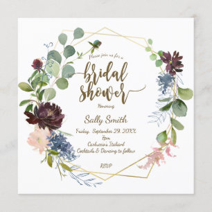 Invitación ducha de novia geométrica azul violeta