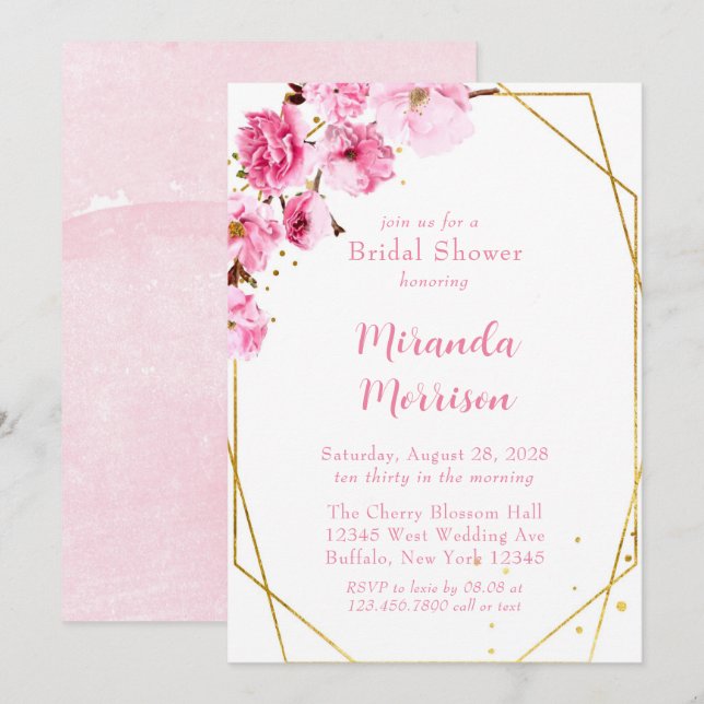 Invitación Ducha de novia geométrica con flores de cerezo ros (Anverso / Reverso)