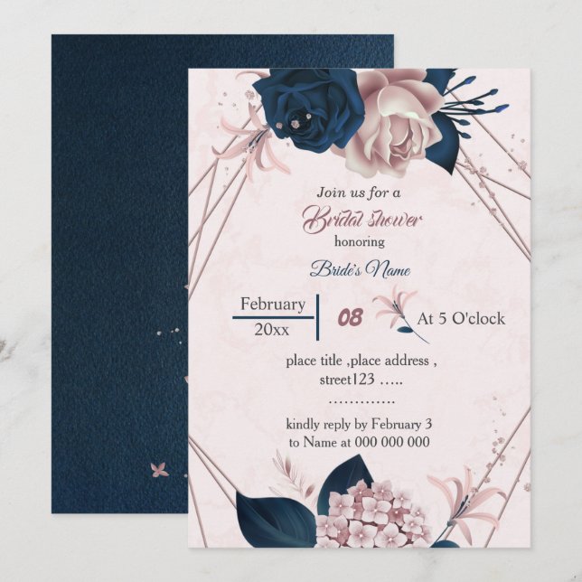 Invitación ducha de novia geométrica con flores rosa y marina (Anverso / Reverso)