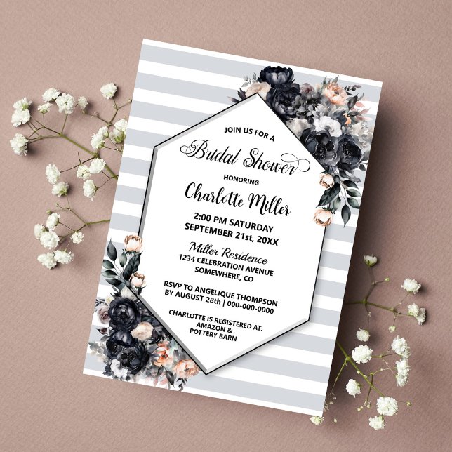 Invitación Ducha de novia geométrica con rayas florales negra (Subido por el creador)