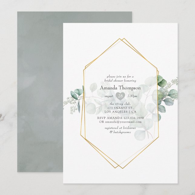 Invitación Ducha de Novia Geométrica de Eucalipto Sage Platea (Anverso / Reverso)
