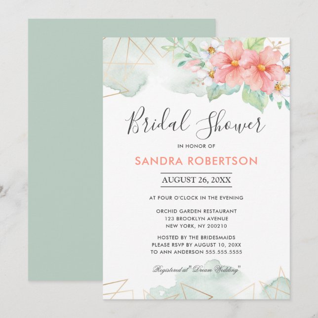 Invitación Ducha de novia geométrica de floral de salvia rosa (Anverso / Reverso)