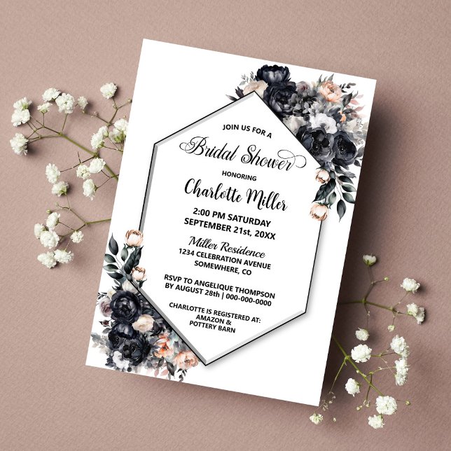 Invitación Ducha de novia geométrica de floral negra humeante (Subido por el creador)