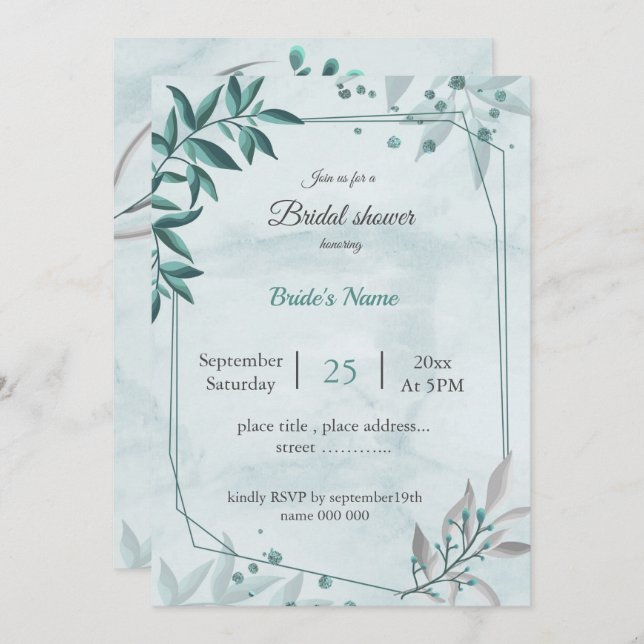 Invitación Ducha de novia geométrica de hojas azules verde az (Anverso / Reverso)