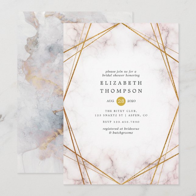 Invitación Ducha de novia geométrica de mármol de oro (Anverso / Reverso)