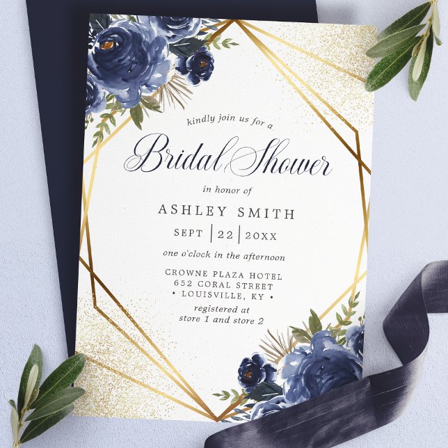Invitación Ducha de novia geométrica de oro azul marino (Subido por el creador)