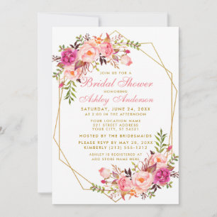 Invitación Ducha de novia geométrica de oro floral rosa Rubor