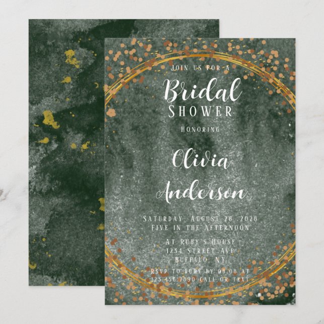 Invitación Ducha de novia geométrica de oro verde esmeralda (Anverso / Reverso)