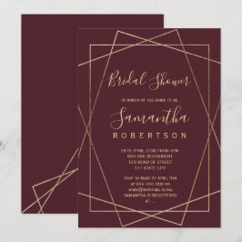 Invitación ducha de novia geométrica dorada roja y burdeos