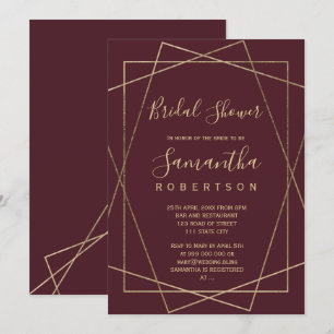 Invitación ducha de novia geométrica dorada roja y burdeos