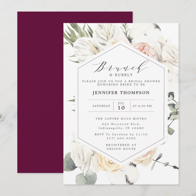 Invitación Ducha de novia geométrica floral de Eucalipto de B (Anverso / Reverso)
