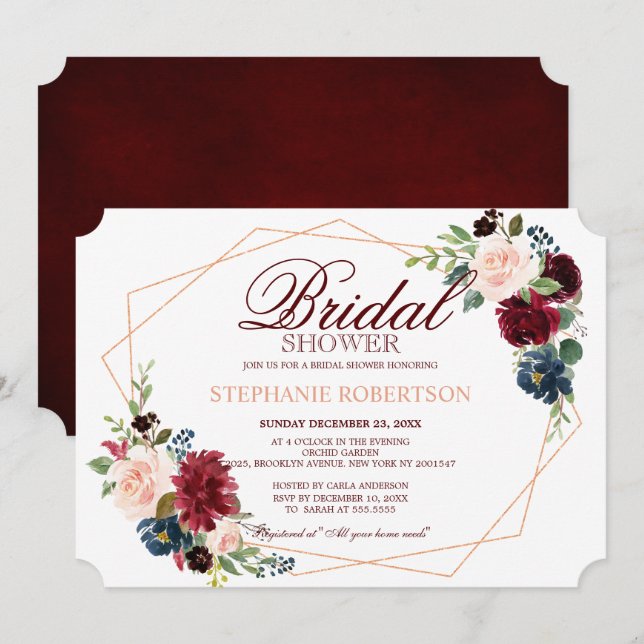 Invitación Ducha de novia geométrica floral de la Marina Roja (Anverso / Reverso)