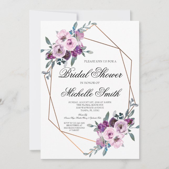 Invitación Ducha de novia geométrica floral de lavado púrpura (Anverso)