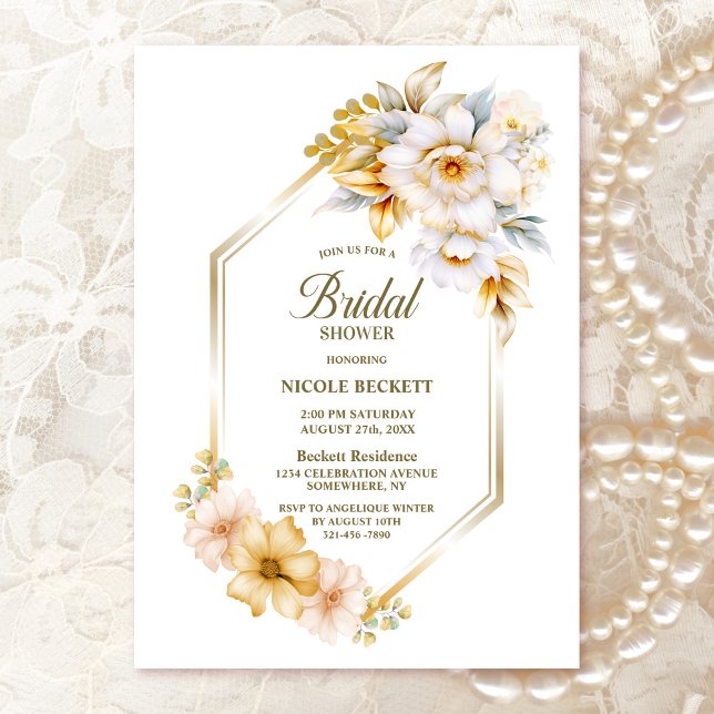 Invitación Ducha de novia geométrica floral de oro blanco (Subido por el creador)