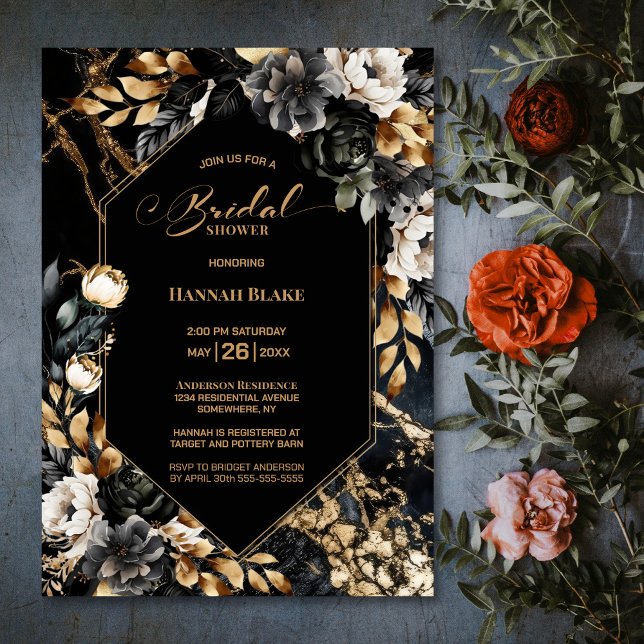 Invitación Ducha de novia geométrica floral de oro negro (Subido por el creador)