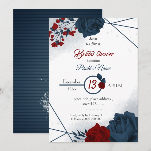 Invitación ducha de novia geométrica floral marina y borgoña (Anverso / Reverso)