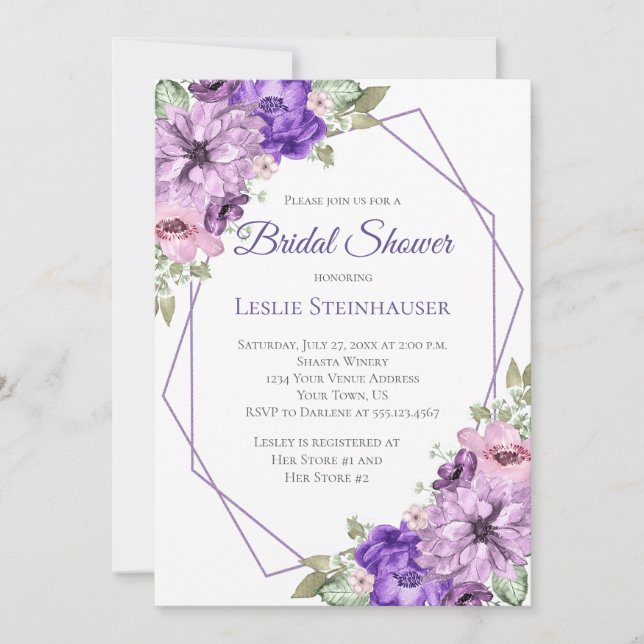 Invitación Ducha de novia geométrica floral púrpura ultraviol (Anverso)
