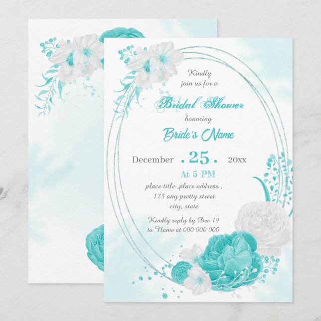Invitación ducha de novia geométrica floral turquesa (Anverso / Reverso)