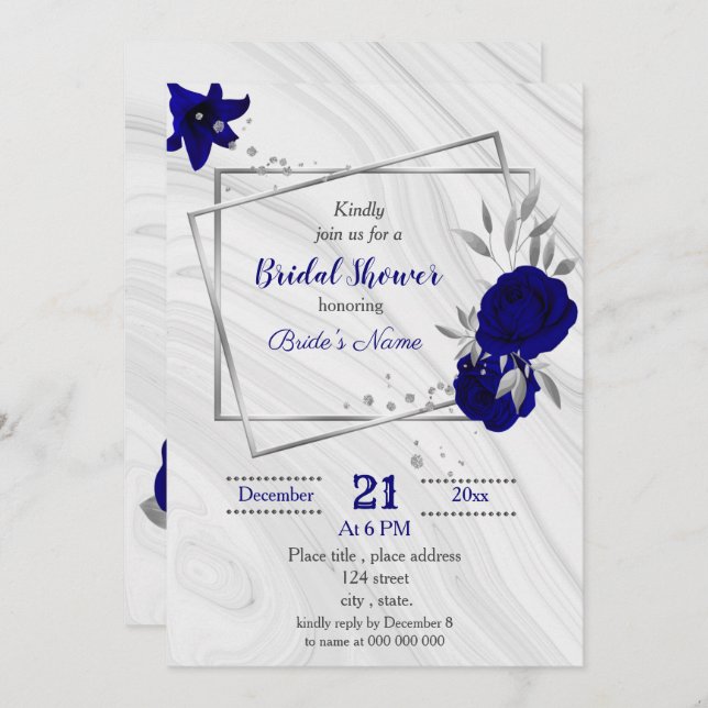Invitación ducha de novia geométrica gris plateado azul real (Anverso / Reverso)