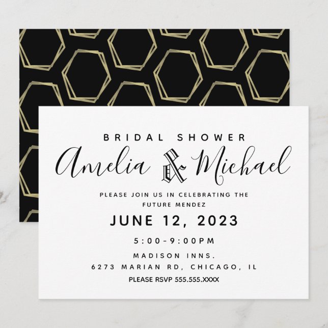 Invitación Ducha de Novia Geométrica Moderna de Oro y Negro (Anverso / Reverso)