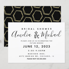 Invitación Ducha de Novia Geométrica Moderna de Oro y Negro