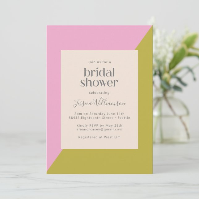 Invitación Ducha de novia geométrica moderna rosa y oliva (Anverso de pie)