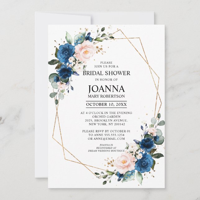 Invitación Ducha de novia geométrica rosa Rubor azul de la ma (Anverso)
