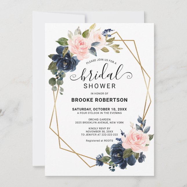 Invitación Ducha de novia geométrica Rubor de la Marina Rusti (Anverso)