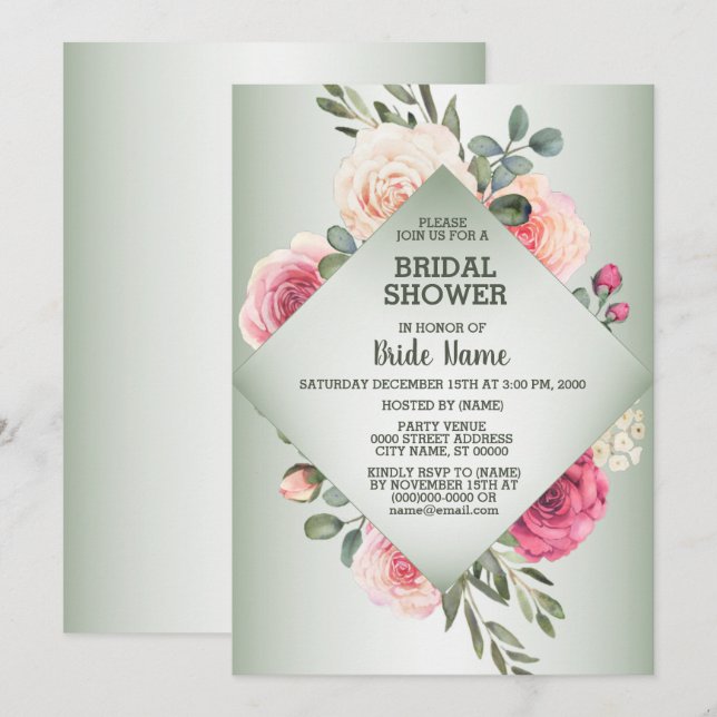 Invitación Ducha de Novia Geométrica Rústica Floral Rosa Verd (Anverso / Reverso)