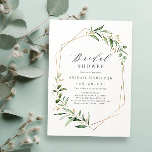 Invitación Ducha de Novia Geométrica Rústica Verde Dorado