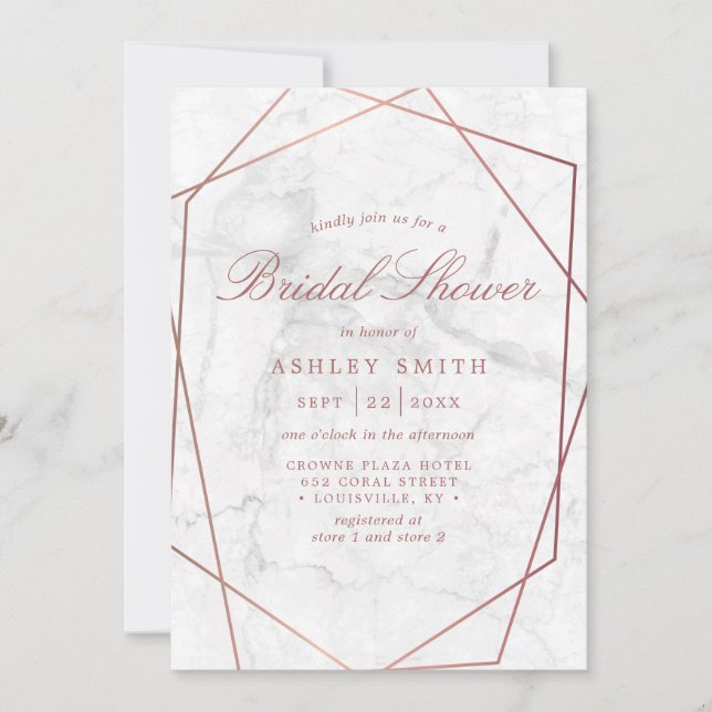 Invitación Ducha de Novia Geométrica Simple de Mármol Rosa Do (Anverso)