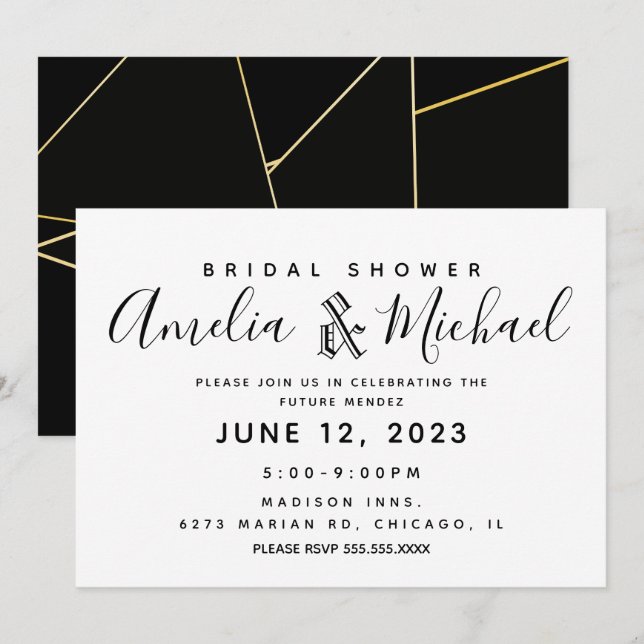 Invitación Ducha de Novia Geométrica Simple de Oro y Negro (Anverso / Reverso)