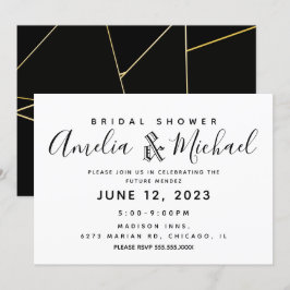 Invitación Ducha de Novia Geométrica Simple de Oro y Negro
