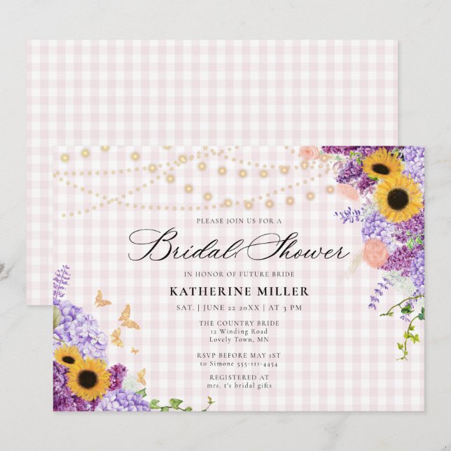 Invitación Ducha de Novia Gingham Rosa Lila Girasol (Anverso / Reverso)
