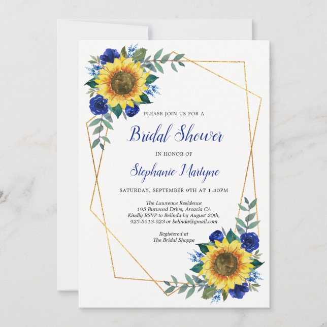 Invitación Ducha de novia girasoles azul floral geométrico (Anverso)