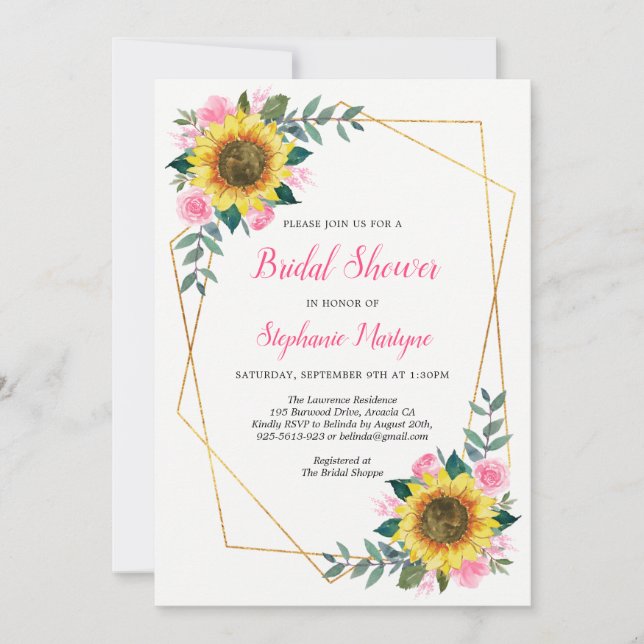 Invitación Ducha de novia girasoles rosado floral geométrico (Anverso)