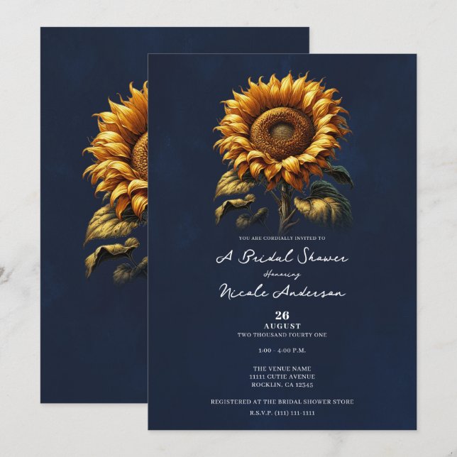 Invitación Ducha de Novia Girasoles Rústicos Azules (Anverso / Reverso)