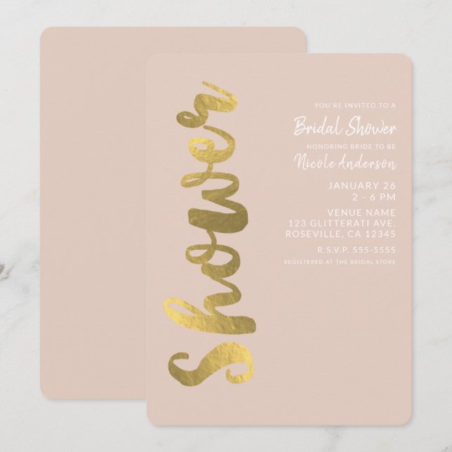 Invitación Ducha de Novia Glam Beige con Lámina de Oro Falso  (Anverso / Reverso)