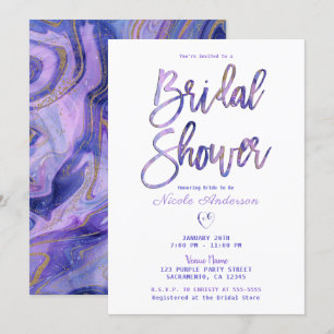Invitación Ducha de Novia Glam Chic Mármol Dorado Blanco Púrp