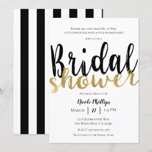 Invitación Ducha de Novia Glam Moderna Blanco Negro Dorado