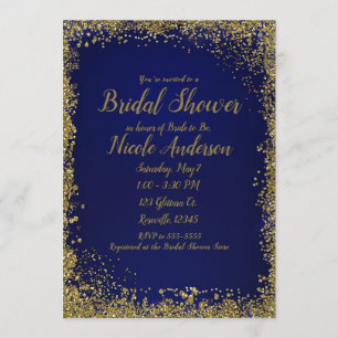 Invitación Ducha de Novia Glam Moderna con Brillo Dorado Azul